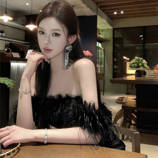 2025 temperament, high-end sense, shoulder dress, women's waist and thin dress, women's fringed design, long skirt