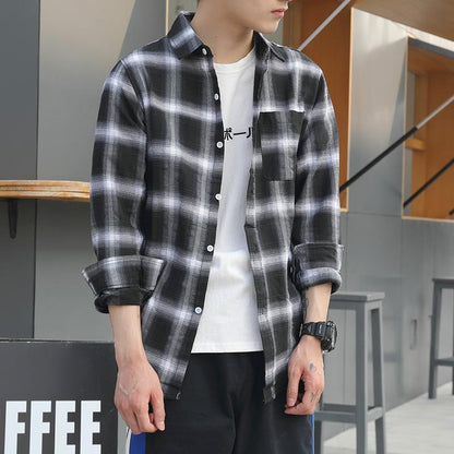 maoxiangshop-shop men fall outfits casual Colorful Plaid Couple Plaid Shirt Coat Long-Sleeved Shirt Youth Korean Casual Student Handsome Men's Shirt