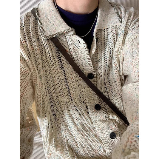 maoxiangshop-shop men fall outfits casual American Retro Lazy Style Hollow-out Sweater Men's Cardigan Button Sweater Coat Old Money Style High-Grade Wear Match