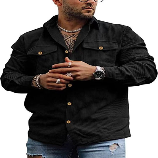 maoxiangshop-shop masculine men Men's New Corduroy Fashion Workwear Jacket Striped Casual Jacket Retro Double Pocket Versatile Shirt