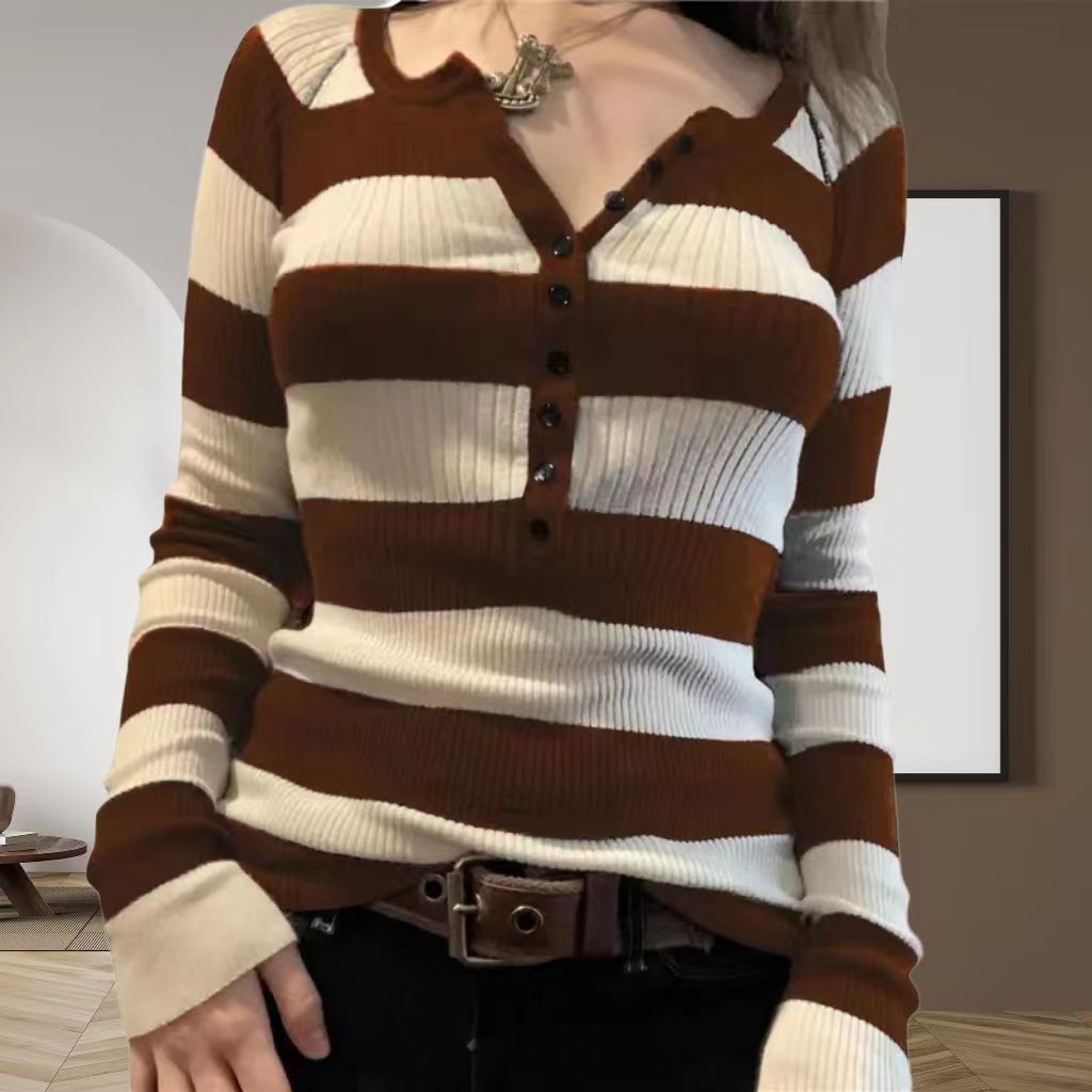 maoxiangshop 90s fashion Commuter Contrast Color Striped Top Autumn Casual All-Match Loose Slimming Sweater