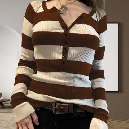 maoxiangshop 90s fashion Commuter Contrast Color Striped Top Autumn Casual All-Match Loose Slimming Sweater