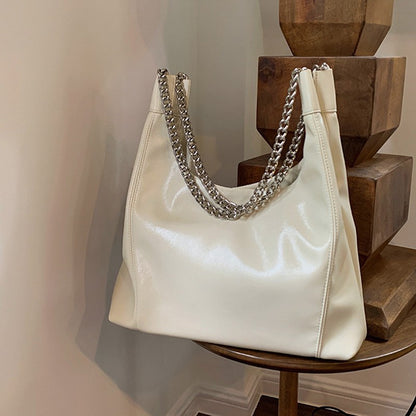 MAOXIANGSHOP 2025 Korean ins chain PU leather tote bag women's large capacity milk white soft underarm bag commuter handbag women