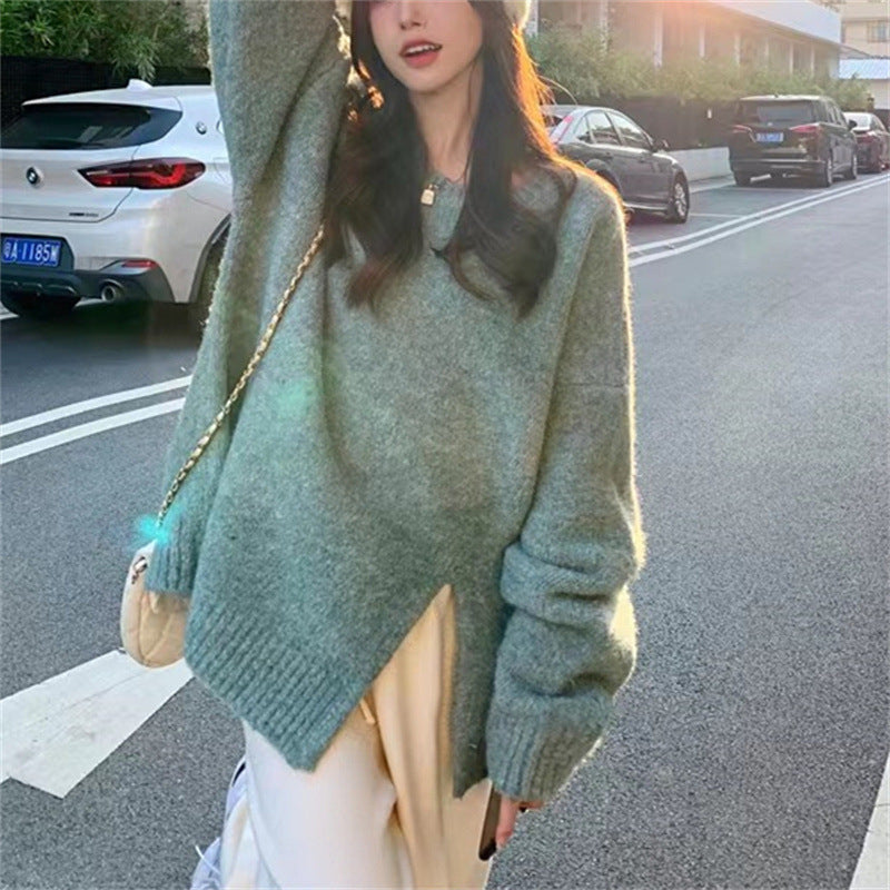 maoxiangshop-shop fall outfits aesthetic Lazy Style Round Neck Split Autumn and Winter New Soft Nuo Sweater Simple Loose All-Match Outer Sweater Women's Clothing