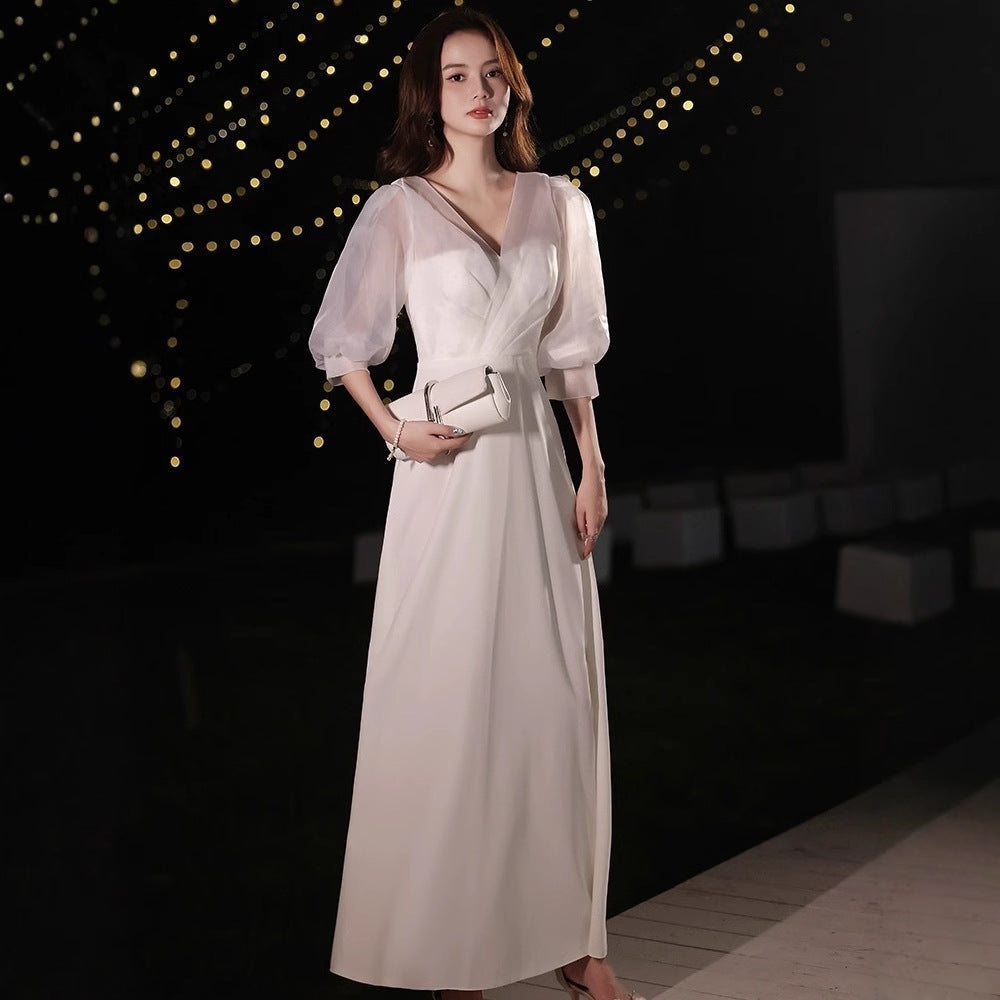 2025 White evening dress skirt women's light luxury niche high-end banquet socialite noble and elegant temperament annual meeting host birthday