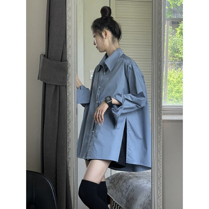 maoxiangshop-shop outfit inspo Haze Blue Casual Long-Sleeved Shirt Women's Loose Lazy Style Spring New High-Grade Stacked All-Match Temperament Top