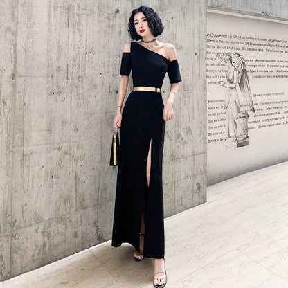 Black one-shoulder evening dress dress women can usually wear banquet temperament long noble aura queen birthday dress