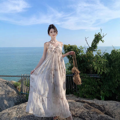 2025 New Chinese floral suspender dress for women's summer new national style temperament super fairy backless vacation beach long skirt