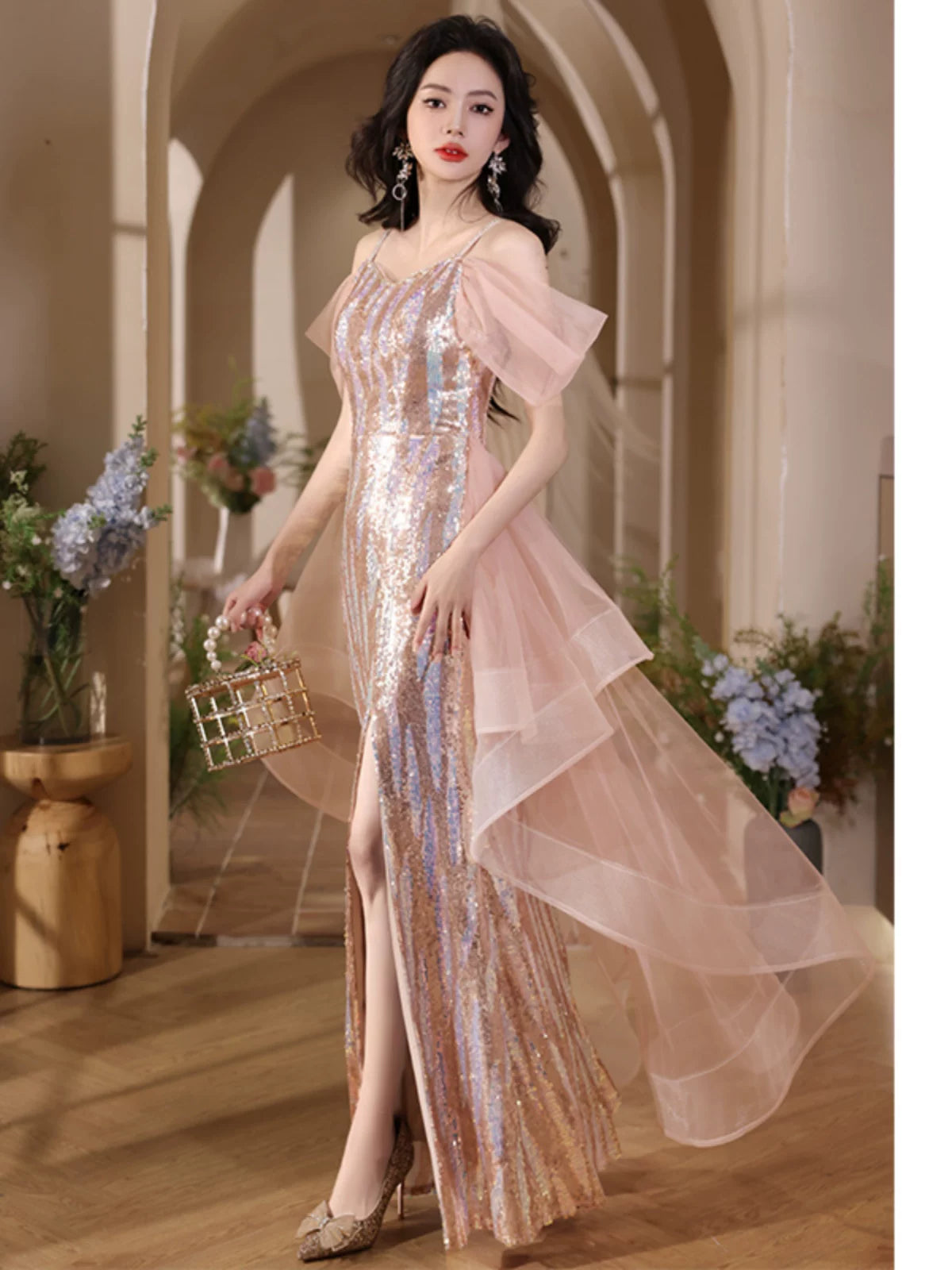 Evening dress high-end atmosphere high-grade women's  new light luxury niche socialite high-end sense shining fishtail skirt autumn