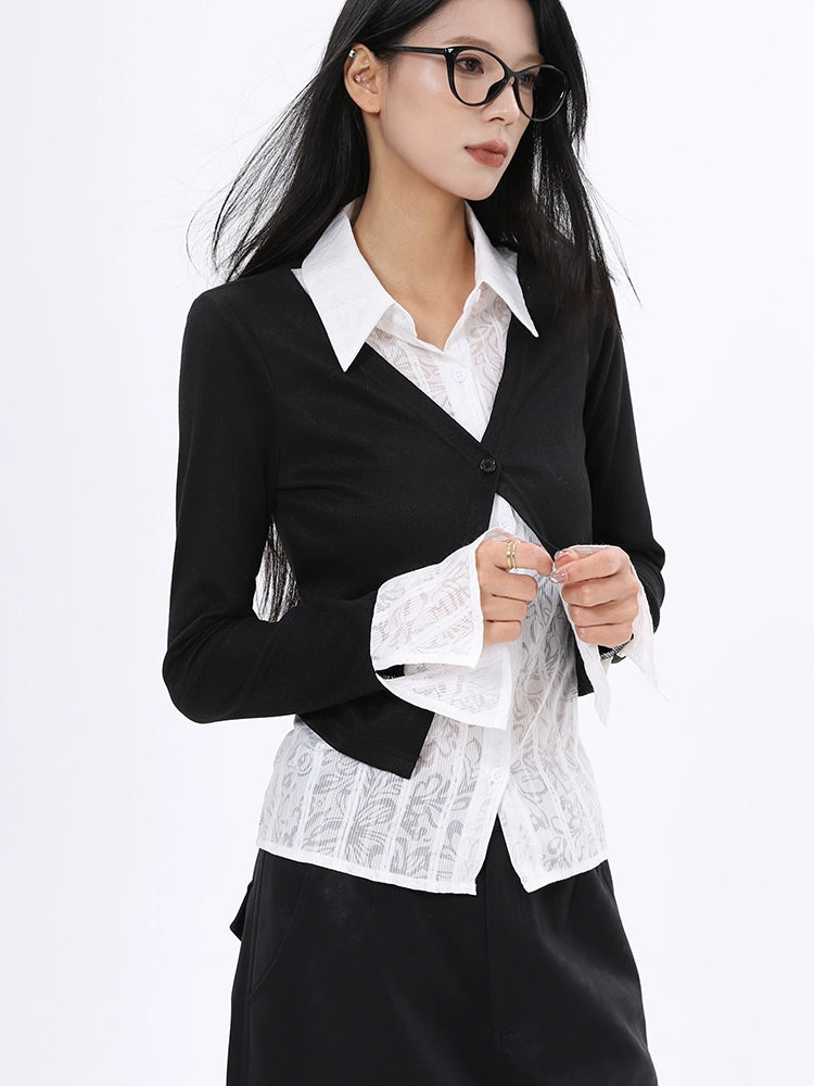 Fashion Autumn Contrast Color Splicing Fake Two-piece Shirt Long Sleeve Knitted Sweater Women's Slim Flared Sleeve Top Women's