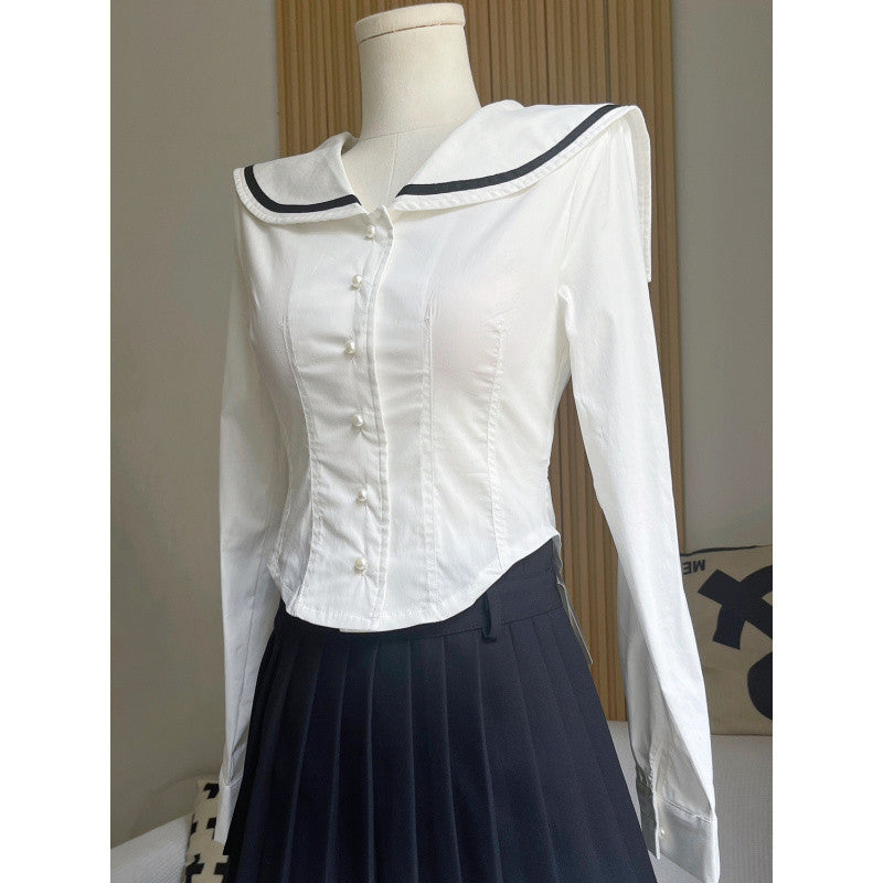 maoxiangshop pirates vs sailors drees to impress French Preppy Style Navy Collar Slim Shirt New Women's Autumn Niche Waist Irregular Hem Top