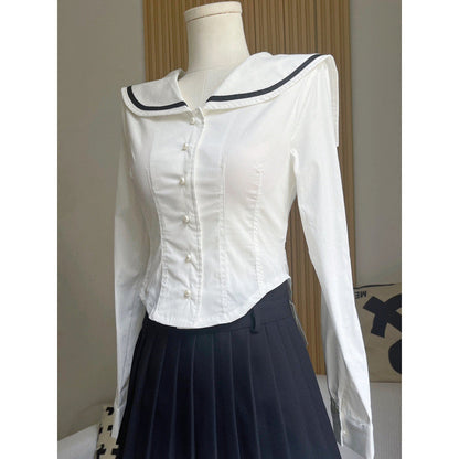 maoxiangshop pirates vs sailors drees to impress French Preppy Style Navy Collar Slim Shirt New Women's Autumn Niche Waist Irregular Hem Top