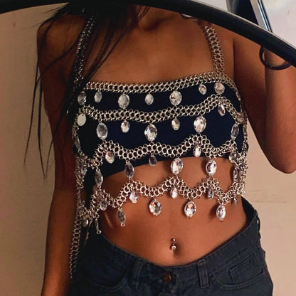 F4942Y 2025 vest multi-strip punk fringed chain neck big diamond top small vest body chain chest chain 2025