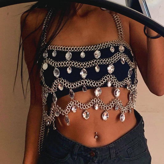 F4942Y 2025 vest multi-strip punk fringed chain neck big diamond top small vest body chain chest chain 2025