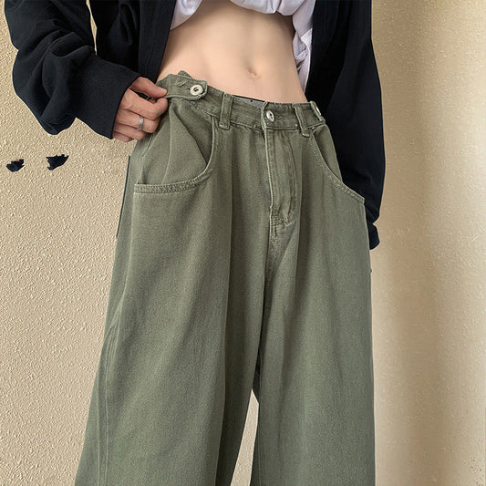 maoxiangshop-shop boy outfits American Retro Vibe Pants Ins High Street Army Green Jeans Men's Loose Straight Japanese Overalls