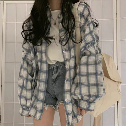 maoxiangshop-shop grunge outfits Plaid Shirt Women's Loose Korean-Style Mid-Length Retro Hong Kong Style Versatile Bf Long Sleeve Ins Coat Fashion