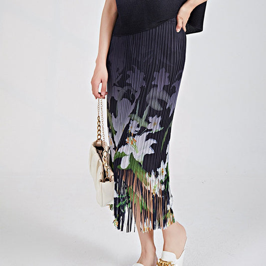 Shenzhen Nanyou high-end women's clothing fringed skirt spring women's skirt printed elastic waist Sanzhai one-step hip wrap skirt