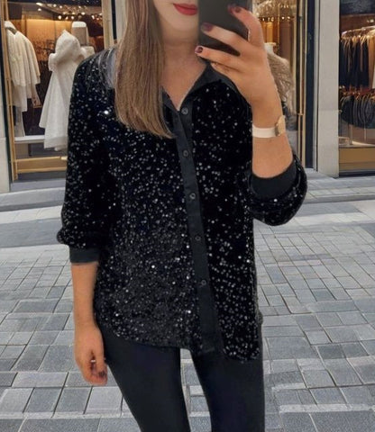MAOXIANGSHOP 2025 New winter new  independent station 2025 fashion lapel button sequined shirt top women's clothing