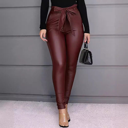 maoxiangshop-shop business casual women outfits chic Women's Fashion Casual Pu Pants Leather Pants (Including Belt)