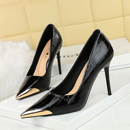 3739-62 2025 banquet shallow mouth women's shoes pointed head thin heel high heels iron head metal decoration super high heel single shoes