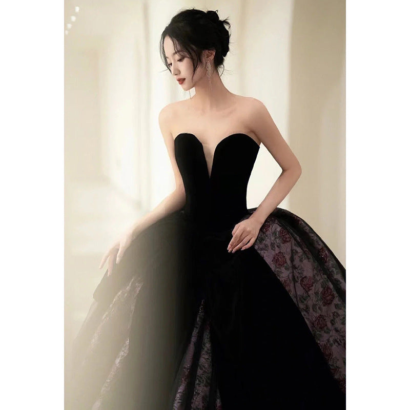 2025Black evening dress long dress female high-end light luxury niche tube top  socialite host art test solo advanced sense