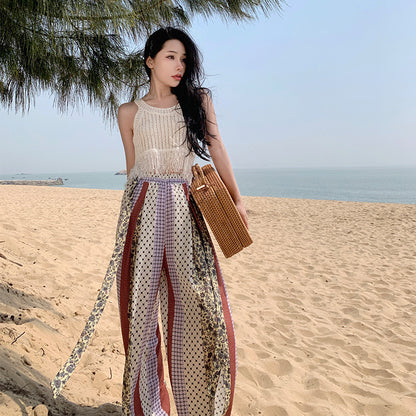 2025 Ethnic style wide-leg pants women's high-waisted drape culottes exotic style summer thin pants island vacation mopping pants trousers