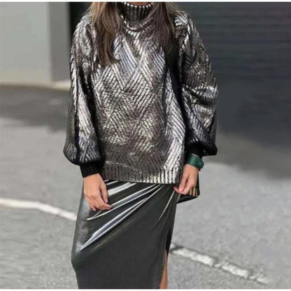 MAOXIANGSHOP 2025 Metal turtleneck knitted sweater  New hot-selling women's long-sleeved thermal casual pullover sweater