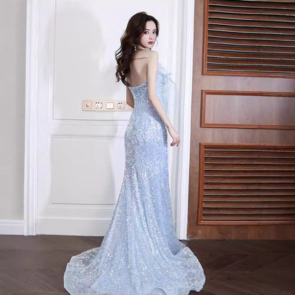 Blue host banquet evening dress women's 2025 new sequined tube top starry sky trailing sexy fishtail dress