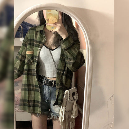 maoxiangshop grunge outfits Retro Green Plaid Shirt Coat for Women Spring and Autumn 2024 New Small Loose Slimming Shirt Top