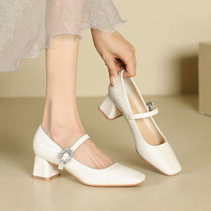 2025 5299-A6 one-word bag head thick heel single shoes women's square head rhinestone high heels student dress professional commuting women's shoes