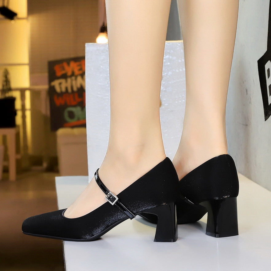6295  small fragrant wind square head rhinestone one word with satin women's shoes thick heel medium heel light mouth comfortable and thin single shoes