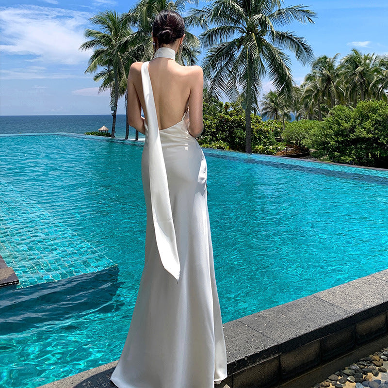 2025 Temperament  atmosphere Satin slanted shoulder streamer neck dress Sexy backless fishtail hip wrap dress dress