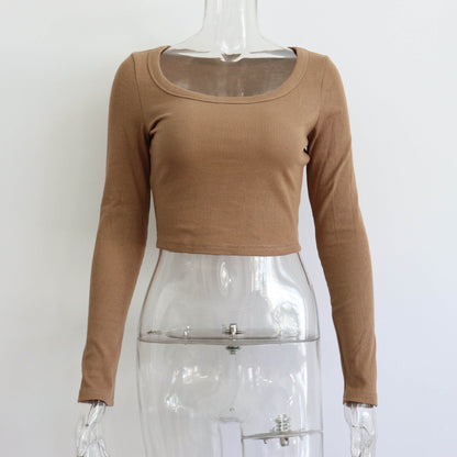 maoxiangshop outfit ideas for school Large round Neck Long Sleeve Rib Short Top Women's Casual Sexy Autumn and Winter Knitted Bottoming Shirt Street Slim T-shirt
