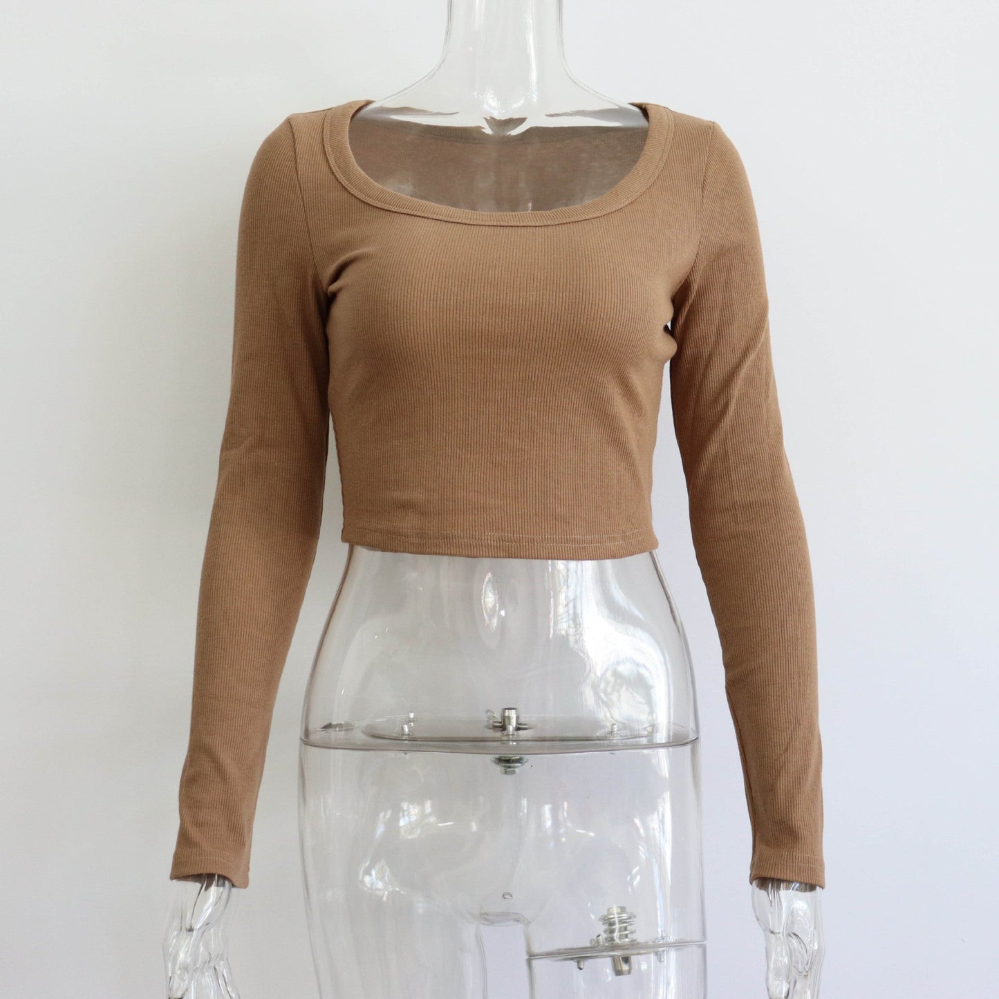 maoxiangshop outfit ideas for school Large round Neck Long Sleeve Rib Short Top Women's Casual Sexy Autumn and Winter Knitted Bottoming Shirt Street Slim T-shirt