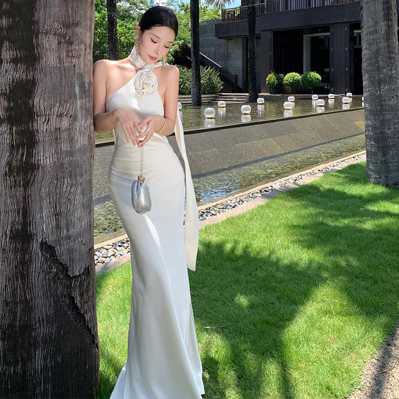 2025 Temperament  atmosphere Satin slanted shoulder streamer neck dress Sexy backless fishtail hip wrap dress dress