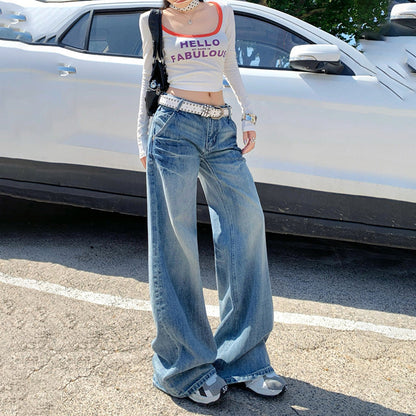 maoxiangshop outfit inspo Early Autumn New Draping Wide-Leg Jeans Women's Low Waist Loose Slimming Trendy Casual All-Match Mopping Pants