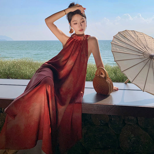 New Chinese style retro tie-dye neck dress summer beautiful temperament simple long dress fake two beach dress