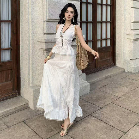 Thailand island travel photo vacation wind lace lace tank top cake long dress pure desire babes show thin two-piece set