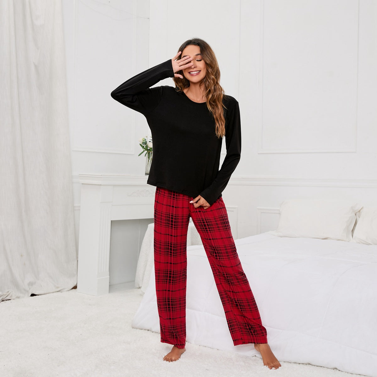 MAOXIANGSHOP 2025Real new products, 2025 New independent stations, solid color round neck T plaid printing women's casual set, loungewear pajamas, women