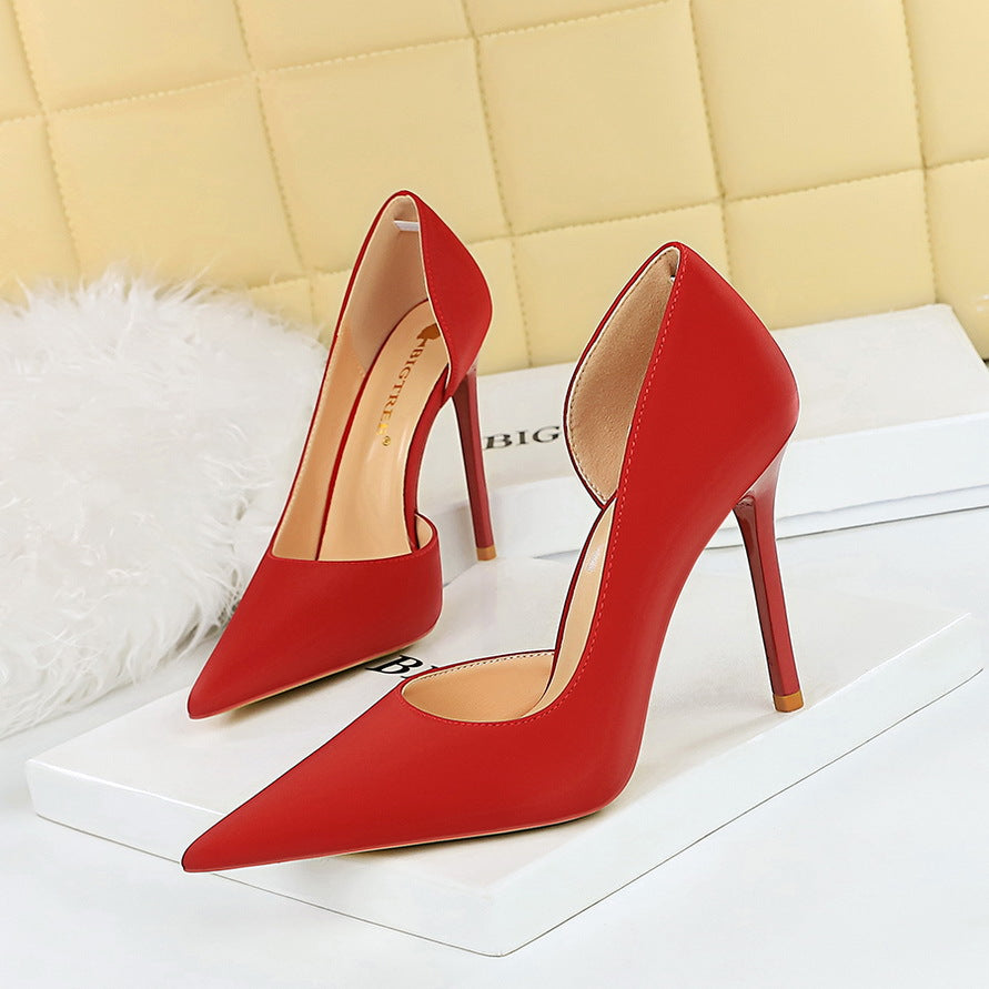 626-1 Korean version fashionable and simple pedicure, thin heel, super high heel, shallow mouth, pointed side hollow single shoes, women's high heel