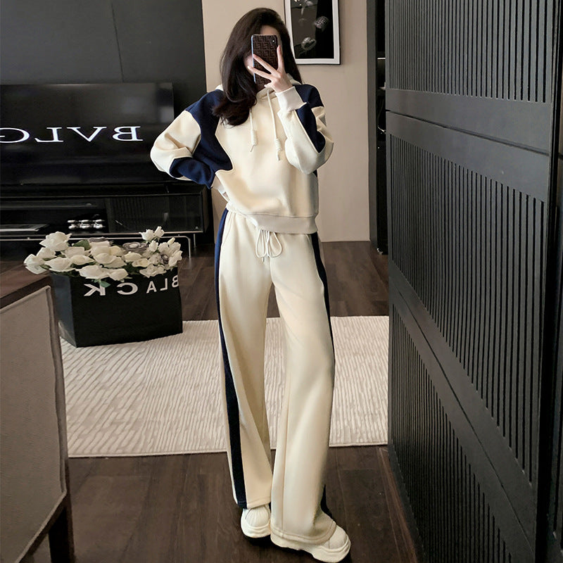maoxiangshop business casual outfits High-End Casual Sports Suit Women's Autumn Fashionable Western Style Color Matching Hooded Sweater High Waist Straight Pants Two-Piece Set