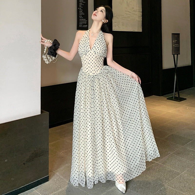 polka dot v-neck neck dress women's summer pure desire to close the waist big swing long dress backless vacation super fairy skirt