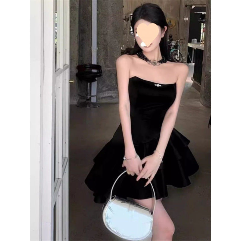 maoxiangshop-shop freshman hoco dresses Hot Girl Elegant Black Dress Women's High-Grade Tube Top Birthday Dress Irregular Cake Skirt Pettiskirt Women