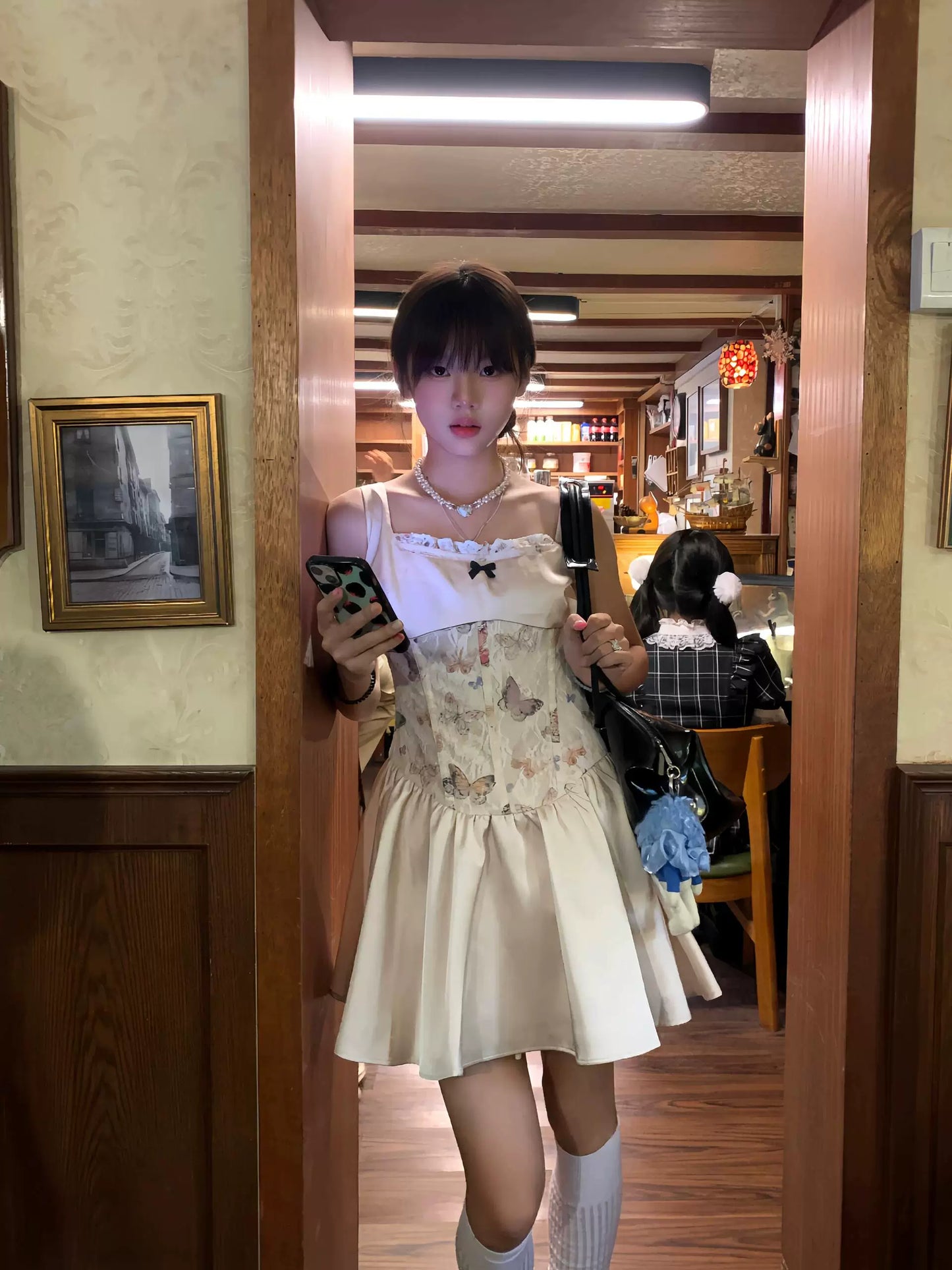 Quick call, original butterfly print lace fish bone sexy spring and summer waist thin suspender dress a-word skirt
