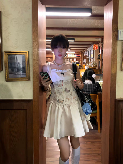 Quick call, original butterfly print lace fish bone sexy spring and summer waist thin suspender dress a-word skirt