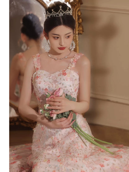 Pink banquet evening dress skirt women's high-end light luxury niche high-end temperament art test host sling thin autumn