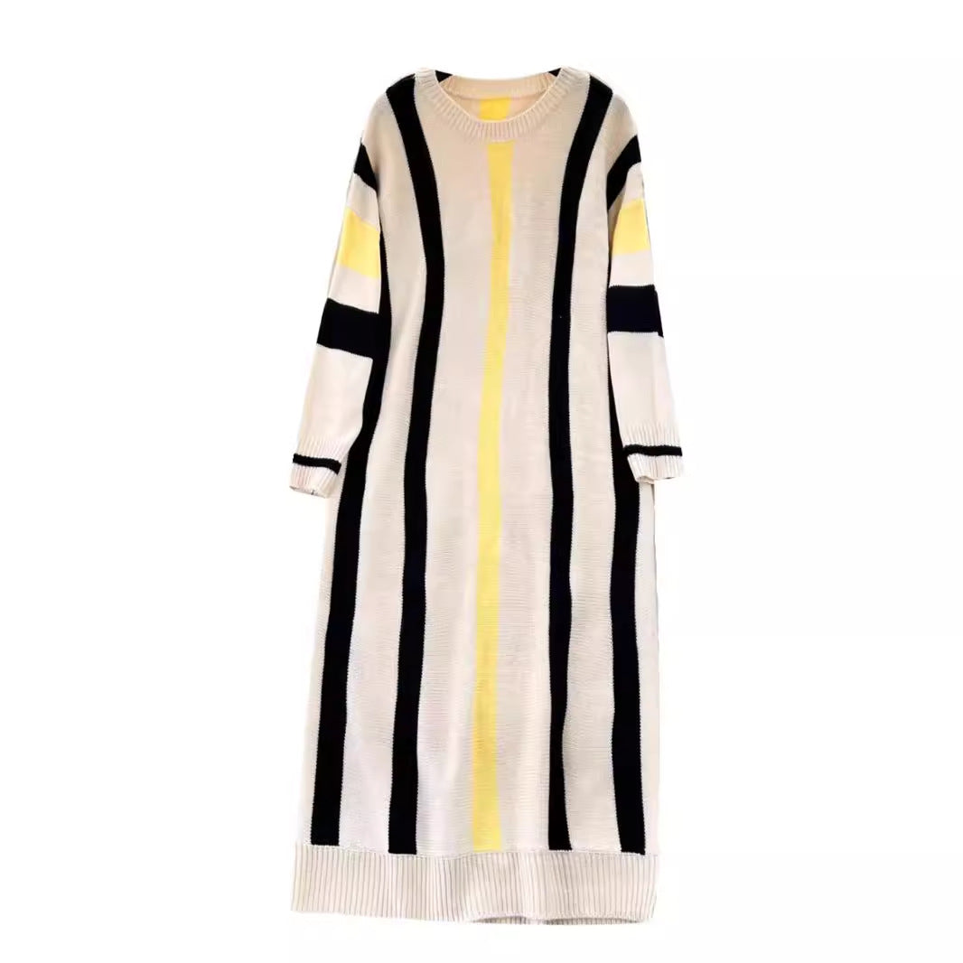 maoxiangshop business casual outfits Lazy Style Dress Women's Autumn and Winter Loose Casual Underwear Sweater Dress Slimming Temperament Striped Contrast Color Dress