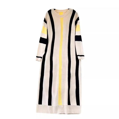 maoxiangshop business casual outfits Lazy Style Dress Women's Autumn and Winter Loose Casual Underwear Sweater Dress Slimming Temperament Striped Contrast Color Dress