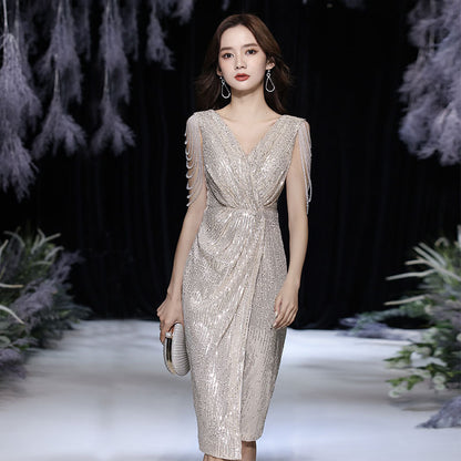 Small evening dress dress women's 2025 spring new champagne celebrity temperament banquet host dress can be worn at ordinary times