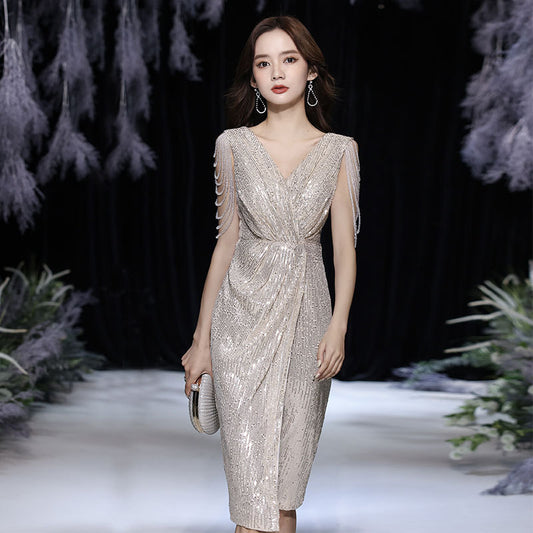 Small evening dress dress women's 2025 spring new champagne celebrity temperament banquet host dress can be worn at ordinary times